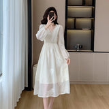 Elegant Fashion Casual Party Midi Dresses for Women Summer New Embroidered Flares V-neck Long Sleeve Female Clothing Korean