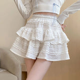 Sweet Cute Lace Mini Skirt Women Kawaii White Ruffles Pleated Skirts Summer Korean High Waist Black Casual A Line Skirt