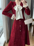 Vintage Red Wedding Party Midi Dresses for Women Autumn New Elegant Chic Birthday Evening Prom Long Sleeves Female Clothing