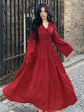 Autumn Elegant Red Hollow Out Evening Dresses for Women V-Neck Lace-up Long Sleeve A-Line Vestidos Vintage Party Dress Long Robe