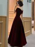 Lautaro Spring Long Luxury Elegant Wine Red Soft Velvet Evening Party Wedding Dresses for Women  Off Shoulder Maxi Dress