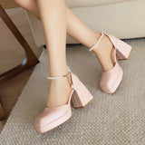 Summer Platform Princess Sandals String Bead Sweet Square Toe High Heels Lolita Fashion Wedding Girls Shoes Pink White