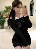 Y2K Knitted Skirt Suits for Women Elegant Fashion Bow Long Sleeve Mini Sweater Skirts Two Pieces Set Korean Female Outfits New