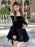 Y2K Sweet Black Knitted Womens Dresses Elegant Slash Neck Bow Lace-up Fairy Birthday Party Mini Dress New Female Short Vestidos