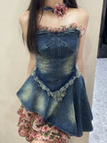 Retro Distressed Rose Floral Patchwork with Chiffon Edge Waistband Strapless Denim Dress for Women in Summer