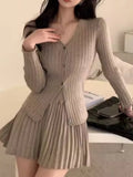 Y2K Elegant Mini Pleated Skirt Sets Autumn Women V-neck Long Sleeves Knitted Cardigan Two-piece Solid Korean Chic Suits