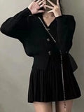 Y2K Casual Knitted 2 Piece Set Single Breasted V-neck Top High Waist Mini Pleated Skirt Korean Fashion Solid Outfits Autumn  New