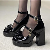 Punk Heart Buckle High Heels Pumps Women Autumn Y2K Black Chunky Platform Lolita Shoes Woman Bowtie Thick Heel Gothic Shoes