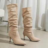 Suede Women Sexy Long Boots Autumn New Pointed Toe Stilettos Gladiator Shoes Trend Pleated Designer Snow Elegant Femme Chaussure