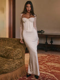 Lace Long Sleeve Sexy Maxi Dress For Women White Square Collar Backless Back Split Bodycon Club Party Long Dress