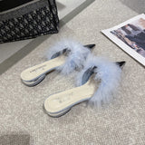 Pointy Mule Shoes Women's Fluffy  Summer Dress Elegant Slingback Sandals Party Slide Simple and Shallow Cut Style