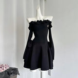 Y2K Sweet Black Knitted Womens Dresses Elegant Slash Neck Bow Lace-up Fairy Birthday Party Mini Dress New Female Short Vestidos