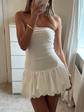 Women Strapless Bubble Mini Dress Solid Backless Sleeveless Bandeau Puff Bubble Party Dress vestidos