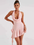 Halter 3D Flower Backless Sexy Mini Dress For Women Fashion V Neck Sleeveless Ruffls Club Party Dress Elegant