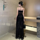 Elegant Black Long Dresses for Women Summer New French Sexy Fashion Sleeveless Split Birthday Evening Party Female Clothing