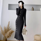 Korean Fashion Bodycon Knit Midi Dresses for Women New Autumn Elegant Sexy Slim Black Long Sleeve Sweater Female Clothing