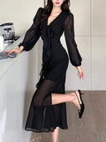 Autumn Solid Bodycon Evening Dresses for Women Elegant V-Neck Ruffles Lace-up Patchwork Long Sleeves Party Dress Female Clothes