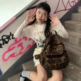 Vintage Y2k Womens Backpack Brown Original Casual Large Capacity Leather Men Travel Backpack Designer Fashion Female Bag