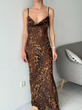 Summer Leopard Sexy See Through Dress Maxi Backless Sheer Beach Dress Lace Up Elegant Floor Length Holiday Dress