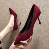 New Women Low Heel Pointed Toe Pumps Velvet Slip-on Cozy Ladies Heeled Shoe Stiletto 5cm Wine Red Summer High Heels Shoes