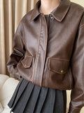 Vintage Maillard Leather Jacket Silhouette Craft PU Leather Motorcycle Jacket Top Women Loose Thickened Brown Coat Spring Autumn