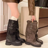 Winter New Women's Boots Mid-heeled Sleeve High Quality Fashionable Round Toe Solid Color Buckle Women's High Boots