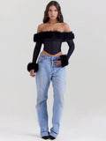 Elegant Feather Strapless Sexy T-shirt Women Fashion Black Off-shoulder Backless Sheer Long Sleeve Club Party Sexy Tops