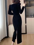 Autumn Velvet Slim Dress for Women Elegant Long Sleeve Diamond-encrusted Evening Party Robe Solid One Piece Casual Clothes New