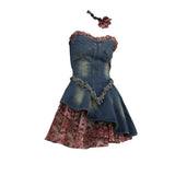 Retro Distressed Rose Floral Patchwork with Chiffon Edge Waistband Strapless Denim Dress for Women in Summer 