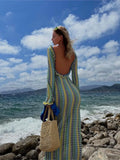 Fashion Backless Contrast Crochet Knitted Maxi Dress Women Slim Flare Long Sleeve Slash Neck Dresses Beach Vacation Robes