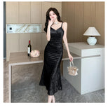 Elegant Gown Evening Party Velvet Midi Dresses for Women Autumn New Sexy V-neck Sleeveless Vintage Slip Mermaid Female Clothing