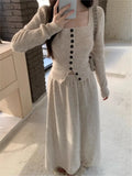 Elegant Solid Knitted Skirts Suit Square Collar Long Sleeve Sweater Cardigan Tops A-Line Skirt New Autumn Female Two Pieces Set