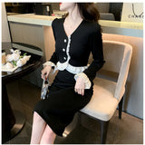 Elegant Party Fashion Black Midi Dresses for Women Autumn New V-neck Long Sleeve Patchwork Korean Chic Slim Female Clothing