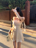 Elegant Sleeveless Satin Mini Dress Women Summer Korean Short Design Spaghetti Strap Vintage Fairy Sweet Female Clothing