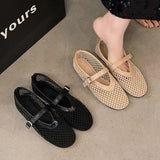 Nude Color Fishnet Ballet Flats Woman Chic Brand Design Hollow Out Lace Mary Jane Shoes Ladies Summer Breathable Mesh Zapatos