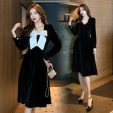 Vintage Velvet Black Midi Dresses for Women Autumn New Elegant Fashion Prom Party Evening Bow Long Sleeves Female Clothing