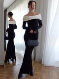 Patchwork Off-shoulder Sexy Maxi Dress For Women Fashion Strapless Long Sleeve Backless Bodycon Club Party Dress