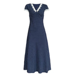 Summer Lace Patchwork Polka Dot Dress Women V-neck Elegant High Waist A-line Midi Dresses