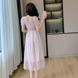 Elegant Fashion Casual Ruffle Midi Dresses for Women Summer New Korean Style Chic Short Sleeve Chiffon Pink Female Clothing