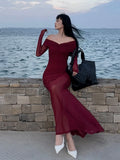 Sexy V-neck Ruched Evening Dress Women Red Retro Long Sleeve Sheer Mesh Fishtail Maxi Long One-piece Formal Party Gown