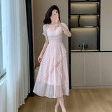 Elegant Fashion Casual Ruffle Midi Dresses for Women Summer New Korean Style Chic Short Sleeve Chiffon Pink Female Clothing