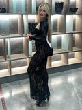 Sexy Lace Hollow Out Long Sleeved Tight Dress For Women Perspective Bodycon Female Vestidos Summer New Party Nightclub