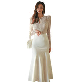 Vintage White Lace Patchwork Midi Dresses for Women Spring Summer New Elegant Party Slim Evening Prom Sexy Female Clothing