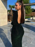 Glitter Backless Ruched Midi Dress For Women Robe New Full Sleeve Bodycon Shiny Party Long Dress Vestido