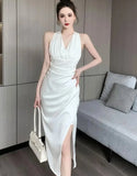 Summer Elegant Sexy V-Neck Split Bodycon Sheath Pencil Dress Women Pleated White Party Dresses Female  Work  Clothes