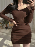 Vintage Sexy V-Neck Knitted Mini Dress Women's Long Sleeve One Piece Slim Club Evening Party Prom Chic Vestido Mujer