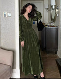 Women Vintage V Neck Velvet Dresses French Style Elegant Slim Waist Party Prom Robe Autumn Winter Long Sleeve One Piece Vestidos