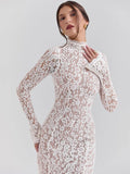 Lace Long Sleeve Sexy Midi Dress For Women Elegant White Half High Collar High Waist Bodycon Club Party Sexy Long Dress