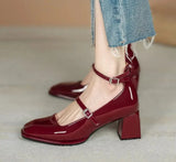 Women heels Shoes Mary Jane Shoes Woman Pumps Patent Leather High Heels Dress Shoes Red Wedding Shoes Spring Double Buckle