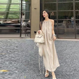 New Spring Summer Solid Sleeveless Dresses for Women Chiffon A-line Halter Loose Causal Party Holiday Long Lady Dress